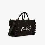 Shopping bag in tela di cotone con ricami nero/bianco panna