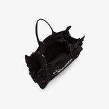 Shopping bag in tela di cotone con ricami nero/bianco panna