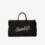 Shopping bag in tela di cotone con ricami nero/bianco panna